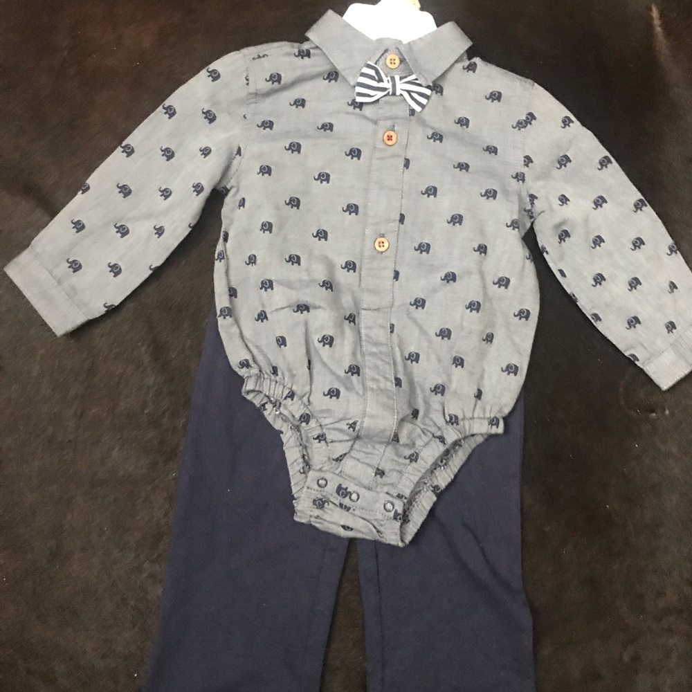 Elephant Print Button-down Bow Tie and Pants Set